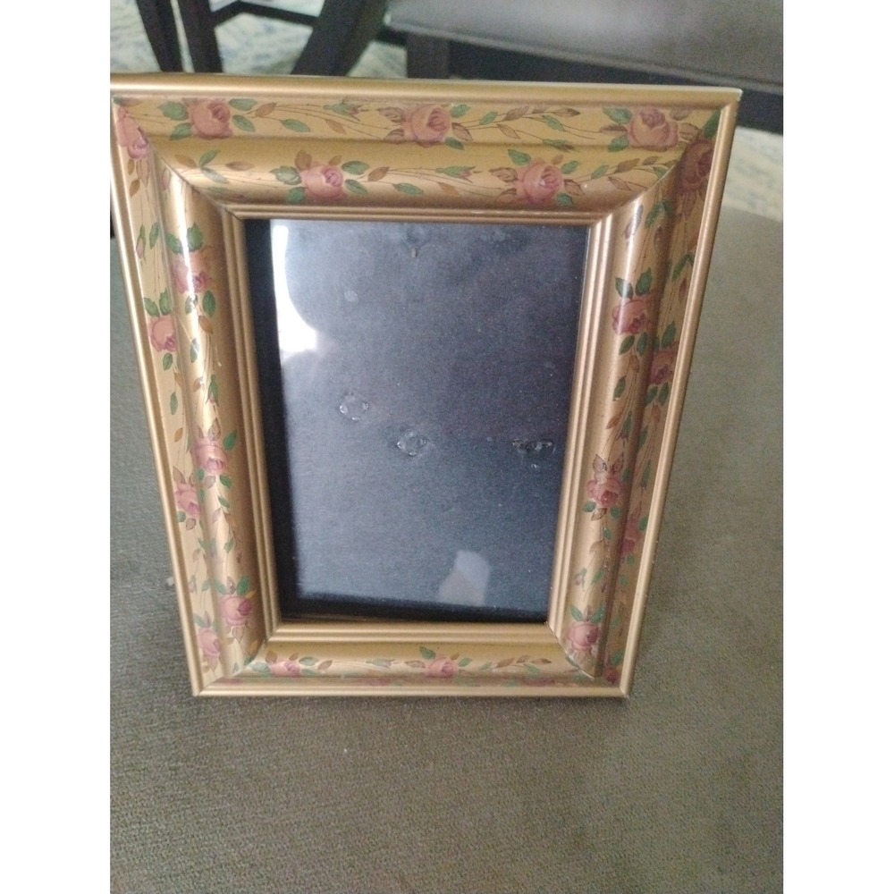 Vintage Gold Floral Picture Frame Pink Rosebud Hand Painted Style 4x6 Tabletop